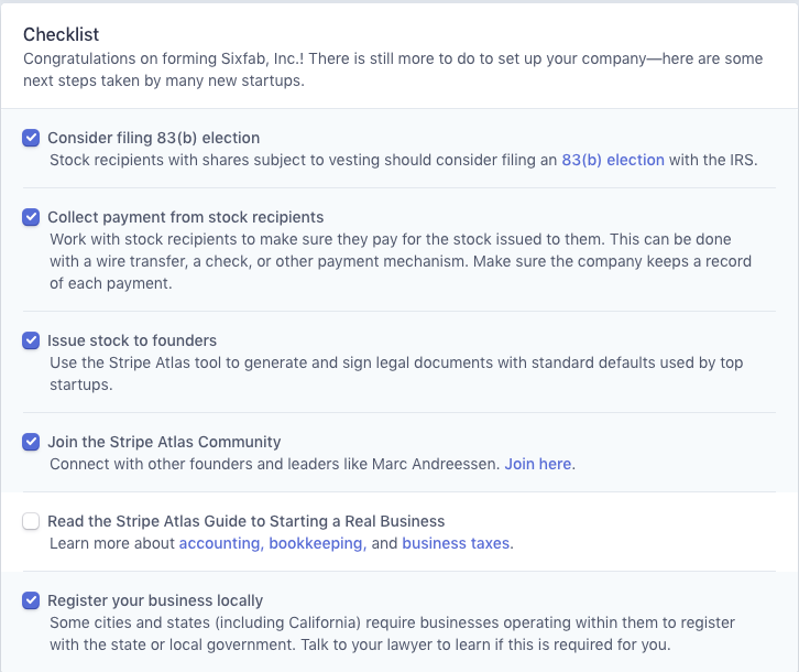 Stripe Atlas kurulum kontrol listesi